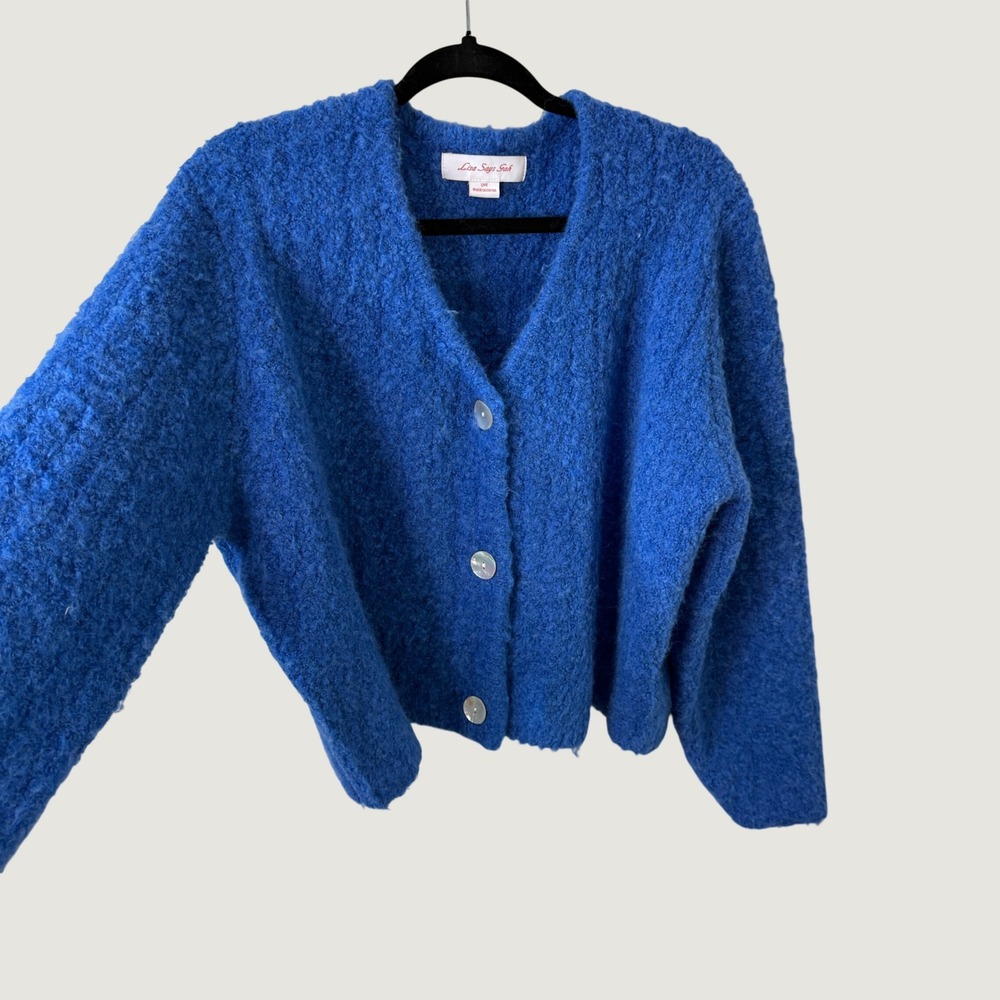 Lisa Says Gah Blue Boucle Cardigan Sweater XS/S Eclectic Preppy Cozy Fall Twee - Picture 4 of 9